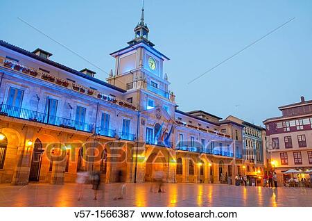 Constitucion Square at night. Oviedo, Asturias province, Spain. View Large Photo Image Stock Photo - Constitucion Square at night. Oviedo, Asturias province, Spain.. Fotosearch