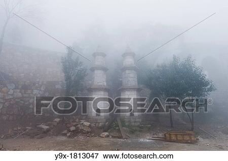 Construction and fog at the San Huang Zhai Monastery on Song Mountain, China View Large Photo Image Stock Photo - Construction and fog at the San Huang Zhai Monastery on Song Mountain, China. Fotosearch