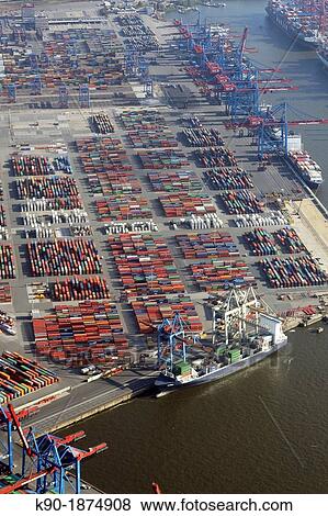 Stock Photo - Container terminal, Elbe river, Hamburg, Germany, Europe. Fotosearch