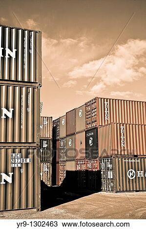 Stock Image - Containers close to Algeciras harbour, Cadiz province, Andalusia, Spain. Fotosearch