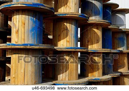 Stock Photo - Copper cable wooden rolls. Lleida, Catalonia, Spain. Fotosearch