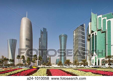 Stock Photo - Corniche skyline, Doha, Qatar. Fotosearch