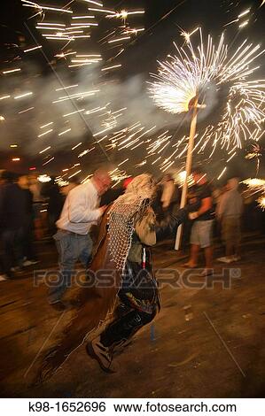 Stock Photograph - ? Correfoc?, Feast of Feasts fire demons and Sant Joan Palma Mallorca Balearic Islands Spain. Fotosearch