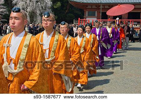 Stock Photo - Costumed participants in a temple ceremony at Daigoji Temple. Fotosearch