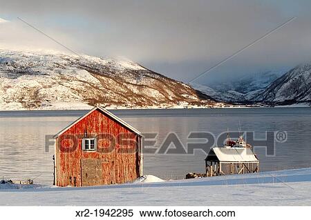 Cottage in a fjord near Tromso, Norway. View Large Photo Image Stock Photography - Cottage in a fjord near Tromso, Norway.. Fotosearch
