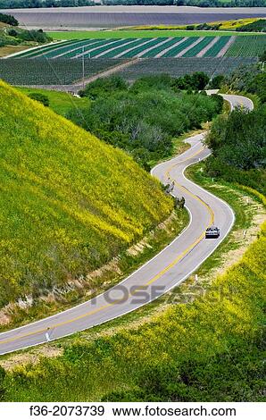Country road curves through green hills and agriculture valley is Spring, near Lompoc, Santa Barbara County, California. View Large Photo Image Stock Photo - Country road curves through green hills and agriculture valley is Spring, near Lompoc, Santa Barbara County, California.. Fotosearch
