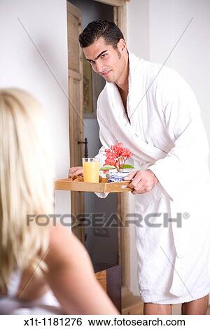 Couple breakfast in bed. View Large Photo Image Stock Photograph - Couple breakfast in bed.. Fotosearch