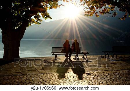 Couple on a bench between two trees on the lake front with shadows and sunbeam View Large Photo Image Stock Photograph - Couple on a bench between two trees on the lake front with shadows and sunbeam. Fotosearch