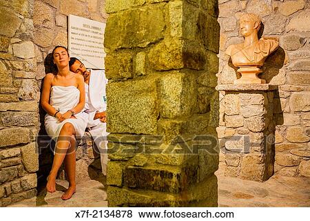 Stock Photo - Couple relaxing after a sauna. Caldes de Boi Spa, Bo? valley. Lleida province. Catalonia. Spain.. Fotosearch