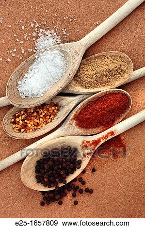 Course Sea Salt, top left, Ground Coriander, top right, Crushed Chillies, middle left, Paprika, middle right and Peppercorns, bottom on wooden spoons on a cork background. View Large Photo Image Stock Photo - Course Sea Salt, top left, Ground Coriander, top right, Crushed Chillies, middle left, Paprika, middle right and Peppercorns, bottom on wooden spoons on a cork background.. Fotosearch