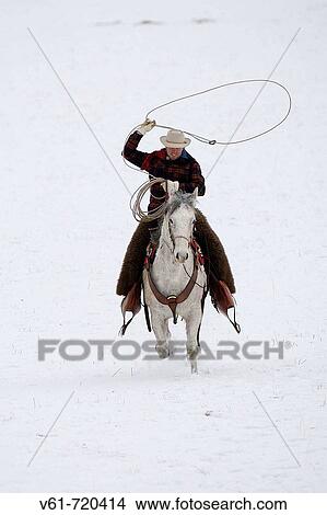 Picture - Cowboy and larieat riding through winter snow Shell, Wyoming, Usa. Fotosearch