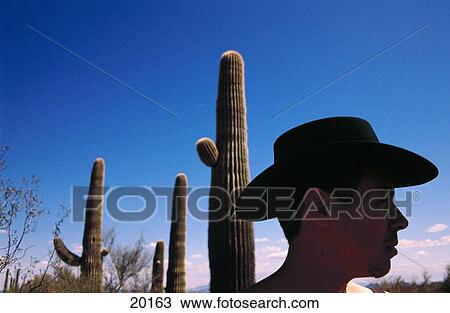 Stock Image - Cowboy and Saguaro cactus. Arizona. USA. Fotosearch