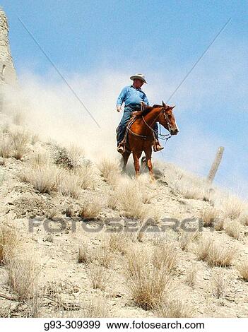 Cowboy on horse riding down hill showing dust clouds View Large Photo Image Stock Photo - Cowboy on horse riding down hill showing dust clouds. Fotosearch
