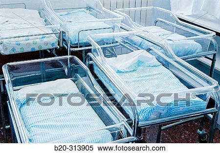 Stock Photography - Cradles for newborn babies at pediatrics section of hospital. Fotosearch