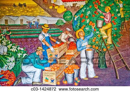 Created in 1934 by artist Maxine Albro, a fresco in the Social Realism artistic style entitled? California Agriculture? decorates the lobby of Coit Tower in San Francisco, CA Note National Recovery Administration blue eagle logo on produce boxes View Large Photo Image Stock Image - Created in 1934 by artist Maxine Albro, a fresco in the Social Realism artistic style entitled? California Agriculture? decorates the lobby of Coit Tower in San Francisco, CA Note National Recovery Administration blue eagle logo on produce boxes. Fotosearch