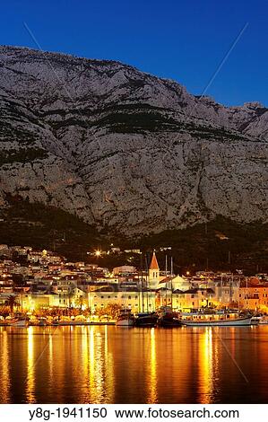 Stock Image - Croatia - Makarska Riviera, Makarska Village by night, Dalmatia, Croatia.. Fotosearch