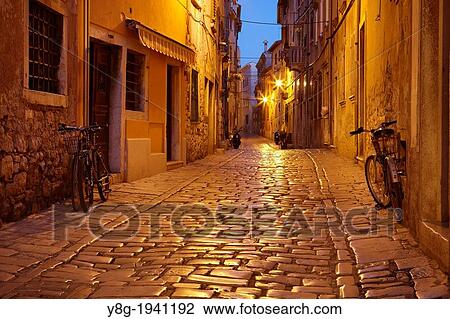Stock Image - Croatia - Rovinj, Old Town, street on the Old Town in Rovinj, Istria, Croatia.. Fotosearch
