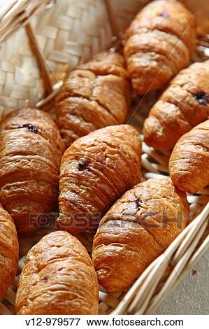 Croissants with chocolate served for breakfast in a tray View Large Photo Image Stock Photo - Croissants with chocolate served for breakfast in a tray. Fotosearch
