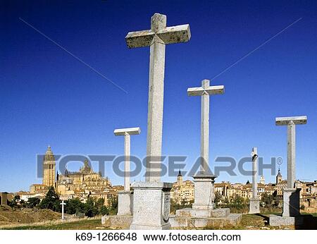 Crosses and cathedral in background, Segovia, Castilla-Leon, Spain View Large Photo Image Stock Photo - Crosses and cathedral in background, Segovia, Castilla-Leon, Spain. Fotosearch