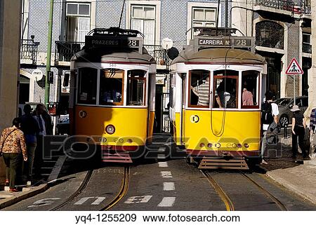Stock Photo - Crossing No. 28 streetcar Lisbon, Portugal. Fotosearch