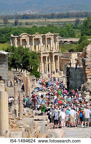 Crowd on Curetes Street Ancient Ephesus Turkey Kusadasi Aegean Mediterranean View Large Photo Image Picture - Crowd on Curetes Street Ancient Ephesus Turkey Kusadasi Aegean Mediterranean. Fotosearch