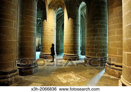 Stock Photograph - Crypt of the massive pillars, Mont Saint-Michel Abbey, Manche department, Low Normandy region, France, Europe.. Fotosearch