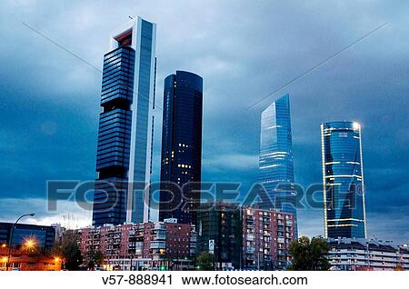 Cuatro Torres Business Area at evening. Madrid, Spain. View Large Photo Image Stock Image - Cuatro Torres Business Area at evening. Madrid, Spain.. Fotosearch