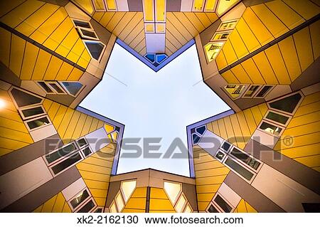 Stock Image - Cube Houses view from below by architect Pieter Blom, Rotterdam, Nederlands. Fotosearch