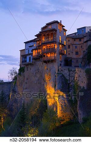 Cuenca, Casas Colgantes, Hanging houses at dusk, UNESCO World Heritage Site. Castilla-La Mancha. Spain. View Large Photo Image Picture - Cuenca, Casas Colgantes, Hanging houses at dusk, UNESCO World Heritage Site. Castilla-La Mancha. Spain.. Fotosearch