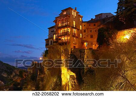 Cuenca, Casas Colgantes, Hanging houses at dusk, UNESCO World Heritage Site. Castilla-La Mancha. Spain. View Large Photo Image Stock Image - Cuenca, Casas Colgantes, Hanging houses at dusk, UNESCO World Heritage Site. Castilla-La Mancha. Spain.. Fotosearch