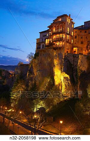Cuenca, Casas Colgantes, Hanging houses at dusk, UNESCO World Heritage Site. Castilla-La Mancha. Spain. View Large Photo Image Stock Photo - Cuenca, Casas Colgantes, Hanging houses at dusk, UNESCO World Heritage Site. Castilla-La Mancha. Spain.. Fotosearch