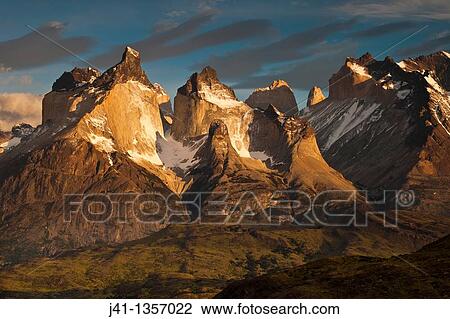 Cuernos del Paine at dawn, above Lago Pehoe, Parque Nacional Torres del Paine, Patagonia, Chile. View Large Photo Image Stock Image - Cuernos del Paine at dawn, above Lago Pehoe, Parque Nacional Torres del Paine, Patagonia, Chile.. Fotosearch