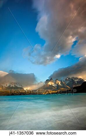 Cuernos del Paine at dawn, Lago Pehoe, Parque Nacional Torres del Paine, Patagonia, Chile. View Large Photo Image Stock Photograph - Cuernos del Paine at dawn, Lago Pehoe, Parque Nacional Torres del Paine, Patagonia, Chile.. Fotosearch