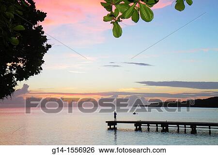 Cura? ao, Netherlands Antilles, Dutch, Piscadera Bay, Caribbean Sea, pier, man, standing, rowboat, coastline, sunset, twilight, pink cloud, silhouette, bush, View Large Photo Image Stock Photograph - Cura? ao, Netherlands Antilles, Dutch, Piscadera Bay, Caribbean Sea, pier, man, standing, rowboat, coastline, sunset, twilight, pink cloud, silhouette, bush,. Fotosearch