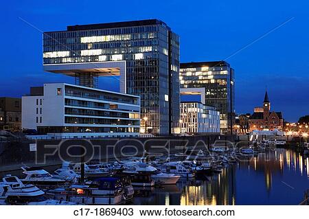 D-Cologne, Rhine, Rhineland, North Rhine-Westphalia, NRW, Kranhaeuser in the Rheinauhafen, crane houses, Rheinau harbour, high-rise, office building, boat harbour, Hafenamt, night shot View Large Photo Image Stock Image - D-Cologne, Rhine, Rhineland, North Rhine-Westphalia, NRW, Kranhaeuser in the Rheinauhafen, crane houses, Rheinau harbour, high-rise, office building, boat harbour, Hafenamt, night shot. Fotosearch