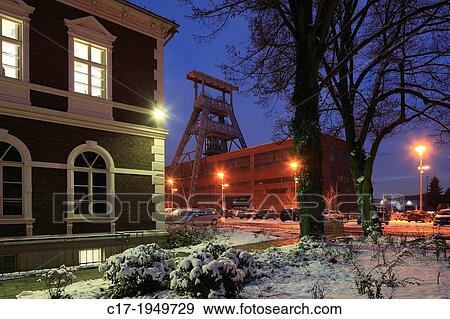 D-Herten, Ruhr area, Westphalia, North Rhine-Westphalia, hard coal mining, coal-pit Ewald 1/2/7, shaft 7, shaft building, shaft house, pit tower, Route of Industrial Heritage, evening, snow. View Large Photo Image Stock Photo - D-Herten, Ruhr area, Westphalia, North Rhine-Westphalia, hard coal mining, coal-pit Ewald 1/2/7, shaft 7, shaft building, shaft house, pit tower, Route of Industrial Heritage, evening, snow.. Fotosearch
