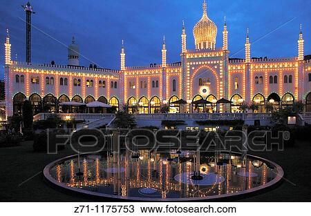 Denmark, Copenhagen, Tivoli amusement park at night, View Large Photo Image Stock Image - Denmark, Copenhagen, Tivoli amusement park at night,. Fotosearch