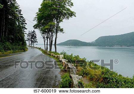 Stock Photo - Deserted wet road on rainy day on Sargeant Drive at Somes Sound, Acadia National Park, Maine, USA.. Fotosearch
