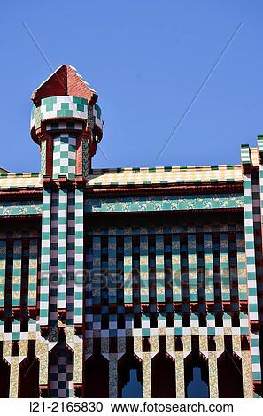 Stock Image - Detail. Casa Vicens 1878-1880 designed by Antoni Gaudi. UNESCO World Heritage Site. Gr? cia quarter, Barcelona, Catalonia, Spain.. Fotosearch