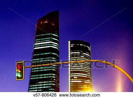 Detail of Cristal and Espacio towers and three-color traffic light, CTBA, night view. Madrid, Spain. View Large Photo Image Stock Photograph - Detail of Cristal and Espacio towers and three-color traffic light, CTBA, night view. Madrid, Spain.. Fotosearch