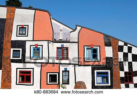 Detail of Facade of Kunsthaus Art House Building at Rogner Thermal Spa and Hotel Complex Designed by Friedensreich Hundertwasser, Bad Blumau Austria View Large Photo Image Picture - Detail of Facade of Kunsthaus Art House Building at Rogner Thermal Spa and Hotel Complex Designed by Friedensreich Hundertwasser, Bad Blumau Austria. Fotosearch