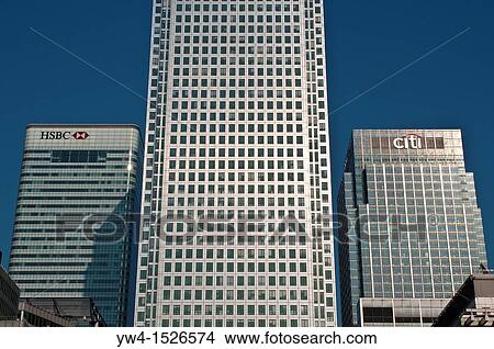 Picture - Detail of One Canada Square skyscraper and HSBC bank and City bank building, Canary Wharf, London, UK. Fotosearch
