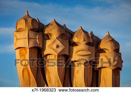 Detail of rooftop Chimneys in Casa Mila, La Pedrera, Barcelona, Catalonia, Spain. View Large Photo Image Stock Image - Detail of rooftop Chimneys in Casa Mila, La Pedrera, Barcelona, Catalonia, Spain.. Fotosearch
