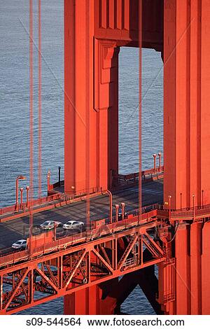 Detail of the bridge deck and tower of the Golden Gate Bridge, San Francisco, California, United States of America View Large Photo Image Picture - Detail of the bridge deck and tower of the Golden Gate Bridge, San Francisco, California, United States of America. Fotosearch