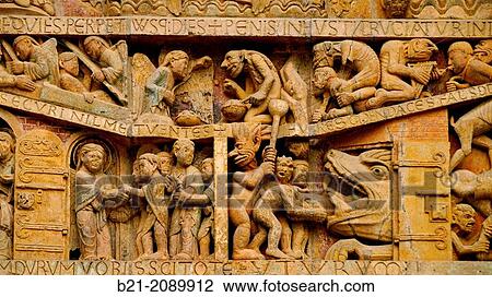 Detail on the tympanum, abbey-church of Saint-Foy, Conques, Way of St James, Aveyron, Midi-Pyr? n? es, France View Large Photo Image Stock Image - Detail on the tympanum, abbey-church of Saint-Foy, Conques, Way of St James, Aveyron, Midi-Pyr? n? es, France. Fotosearch