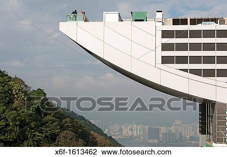 Stock Image - Details of the viewing platform of The Peak Tower on top of the Victoria Peak above the skyscrapers of Kowlon, Hong Kong. Fotosearch