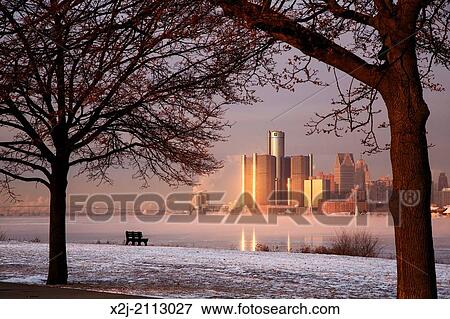 Detroit, Michigan - Downtown Detroit and the icy Detroit River, from Belle Isle, a city park in the middle of the river. View Large Photo Image Stock Photo - Detroit, Michigan - Downtown Detroit and the icy Detroit River, from Belle Isle, a city park in the middle of the river.. Fotosearch