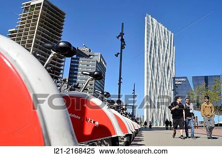 Stock Photography - Diagonal Zero Zero Tower designed by the architect Enric Massip, Telefonica Headquarters. Museu Blau, Forum building. Diagonal Mar district, Barcelona, Catalonia, Spain.. Fotosearch