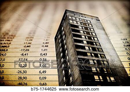 Stock Photography - digital composite of a Building with a background of stock market list. Fotosearch