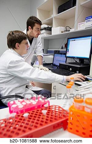 Stock Photo - Discussing fluorimeter data from a biological sample, Characterization Laboratory, CIC nanoGUNE Nanoscience Cooperative Research Center, Donostia, Gipuzkoa, Euskadi, Spain. Fotosearch
